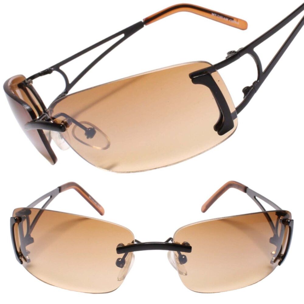 Deadstock 90s Rimless Rectangle Womens Brown Sunglasses Intricate Cut-Out Frame